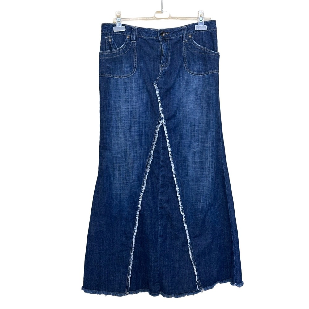 Karma Denim Y2K Flared Maxi Skirt Juniors 13 Raw Hem Exposed Seams Festival